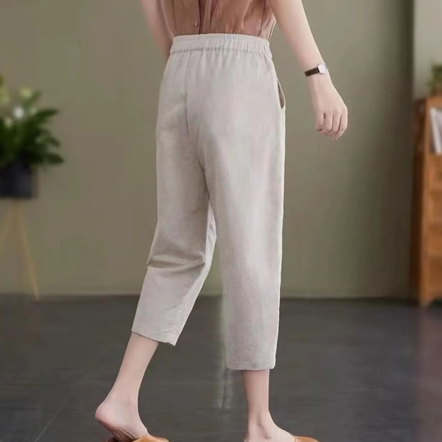 GOFULY Womens Capri Pants 2025 Summer Elastic Waist High Waisted Pants Casual Straight Wide Leg Pockets Solid Cropped Trouser