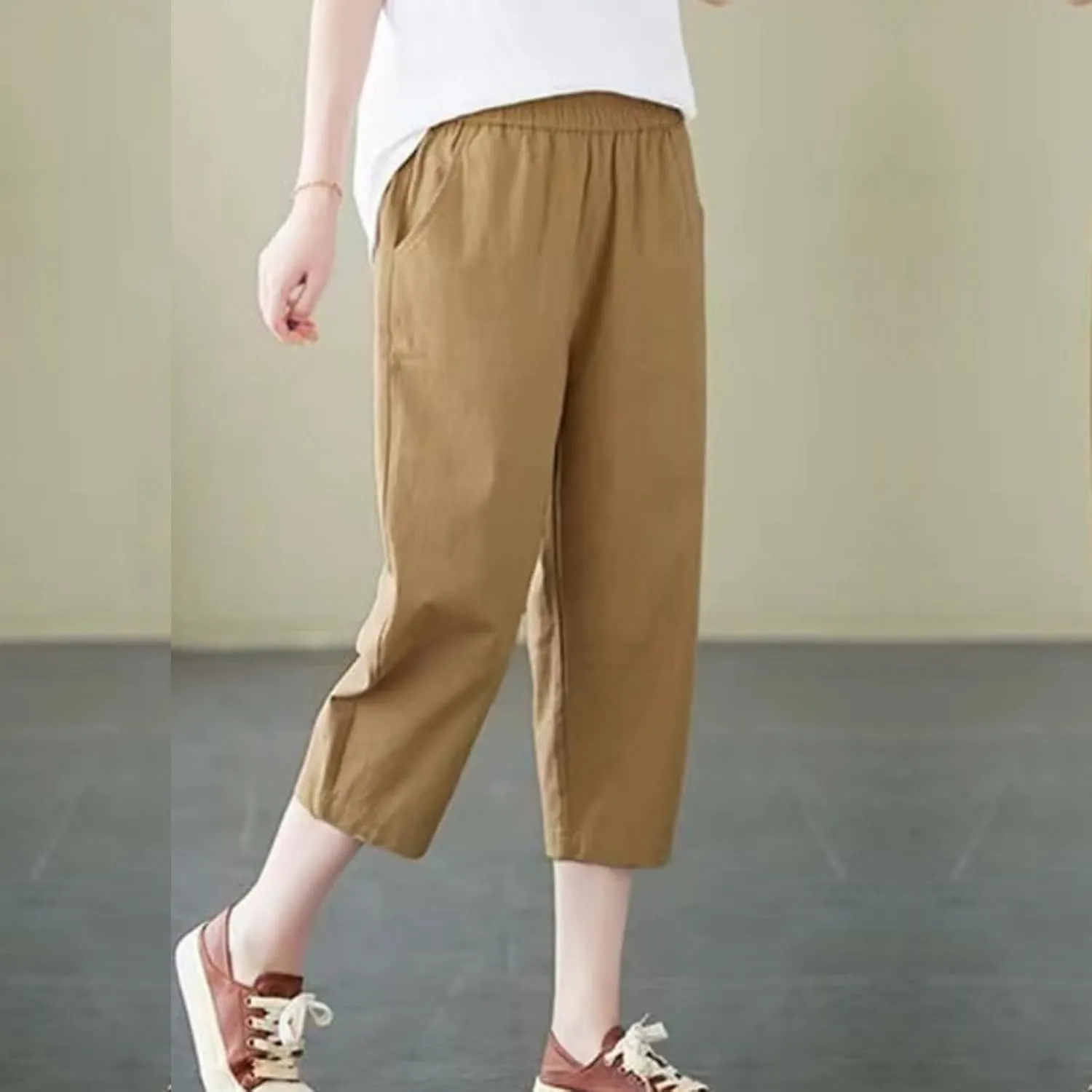 GOFULY Womens Capri Pants 2025 Summer Elastic Waist High Waisted Pants Casual Straight Wide Leg Pockets Solid Cropped Trouser