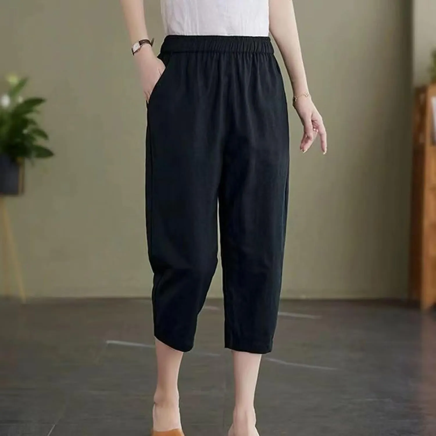 GOFULY Womens Capri Pants 2025 Summer Elastic Waist High Waisted Pants Casual Straight Wide Leg Pockets Solid Cropped Trouser