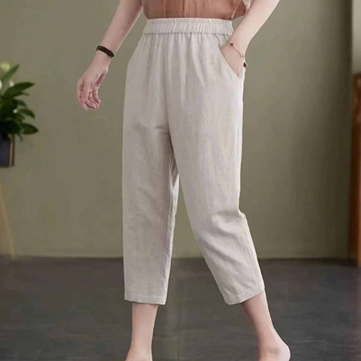 GOFULY Womens Capri Pants 2025 Summer Elastic Waist High Waisted Pants Casual Straight Wide Leg Pockets Solid Cropped Trouser
