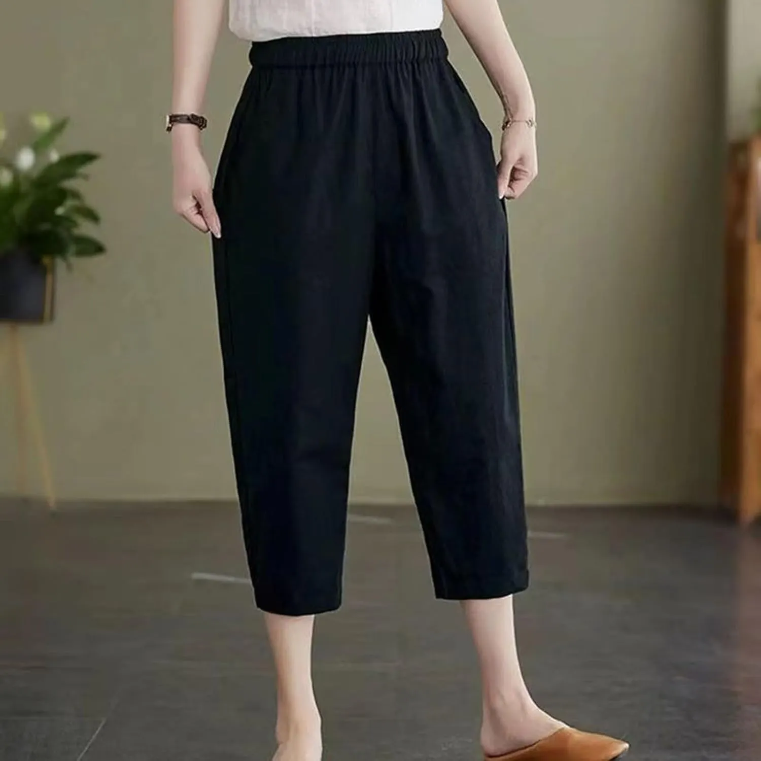 GOFULY Womens Capri Pants 2025 Summer Elastic Waist High Waisted Pants Casual Straight Wide Leg Pockets Solid Cropped Trouser
