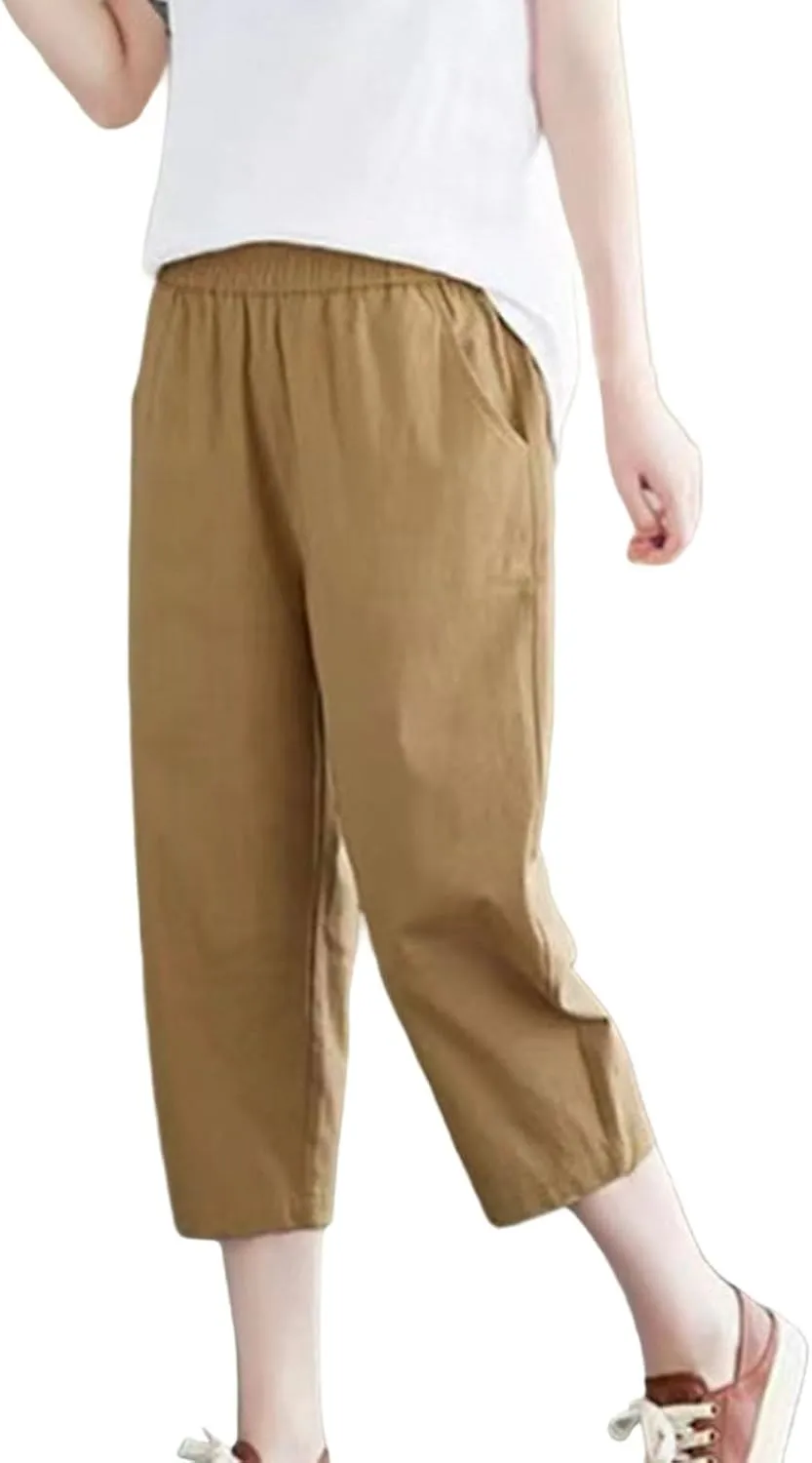 GOFULY Womens Capri Pants 2025 Summer Elastic Waist High Waisted Pants Casual Straight Wide Leg Pockets Solid Cropped Trouser