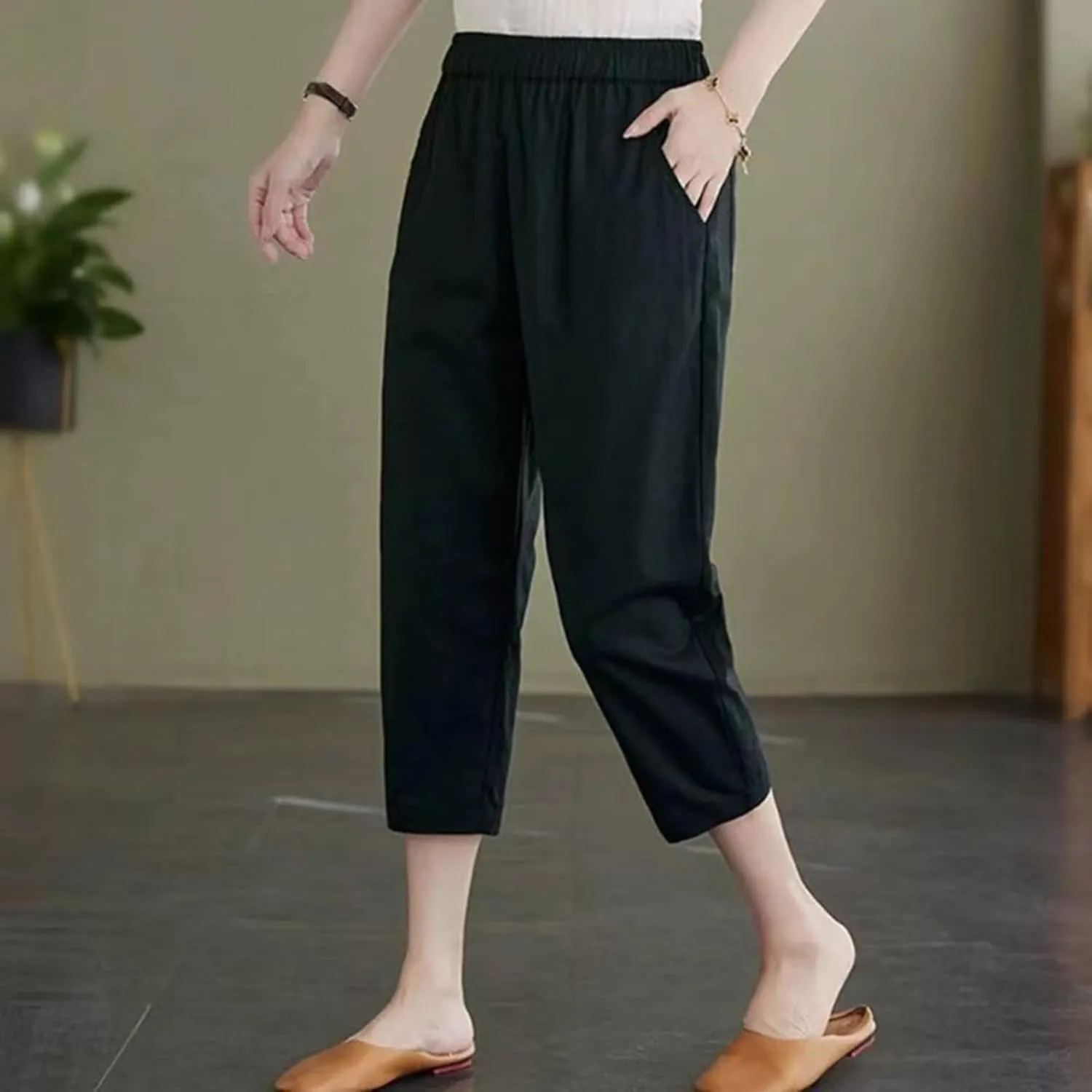 GOFULY Womens Capri Pants 2025 Summer Elastic Waist High Waisted Pants Casual Straight Wide Leg Pockets Solid Cropped Trouser
