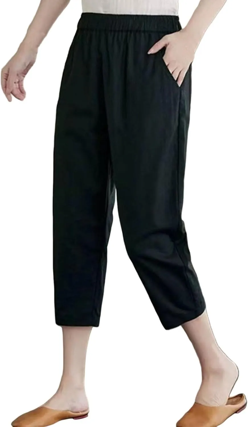 GOFULY Womens Capri Pants 2025 Summer Elastic Waist High Waisted Pants Casual Straight Wide Leg Pockets Solid Cropped Trouser