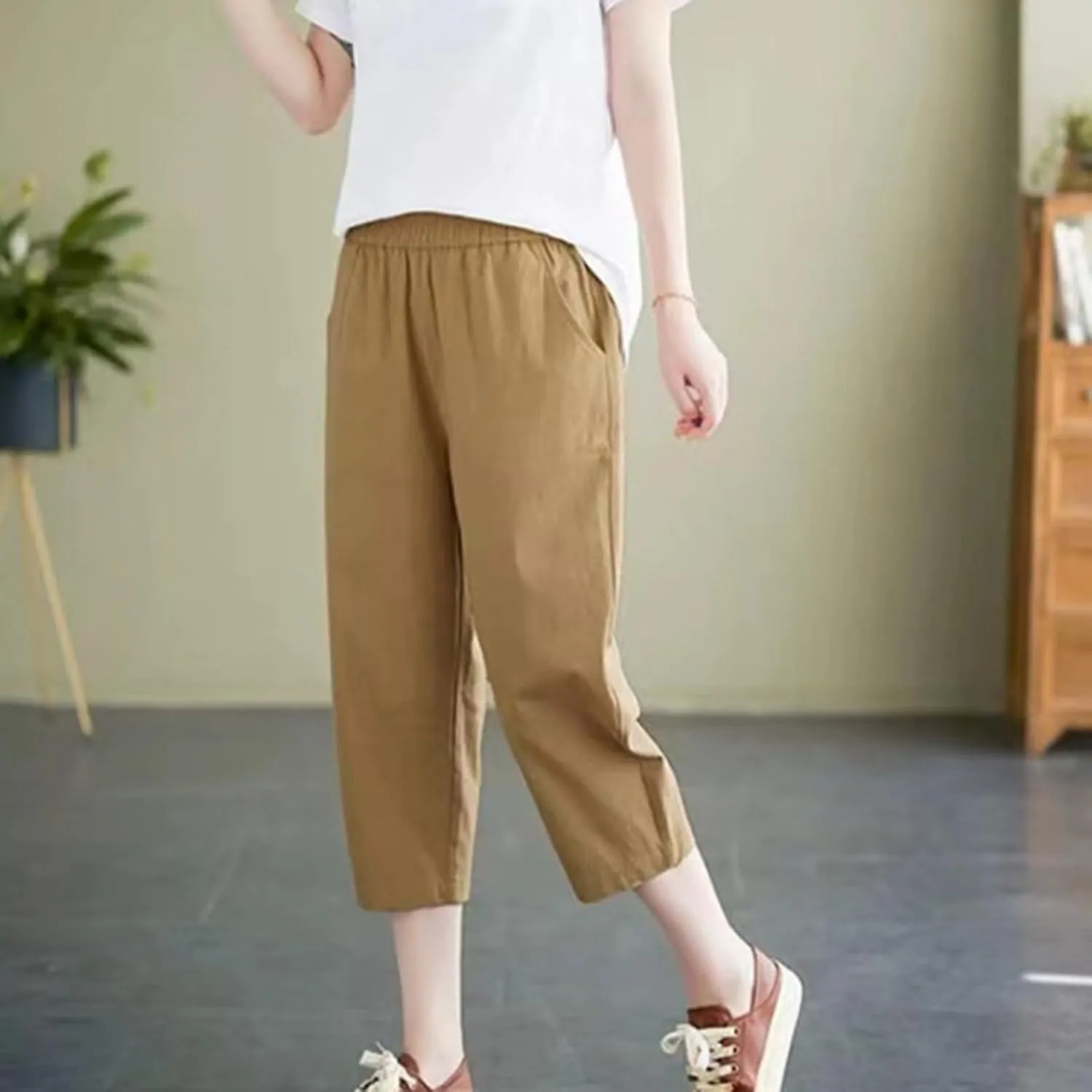 GOFULY Womens Capri Pants 2025 Summer Elastic Waist High Waisted Pants Casual Straight Wide Leg Pockets Solid Cropped Trouser