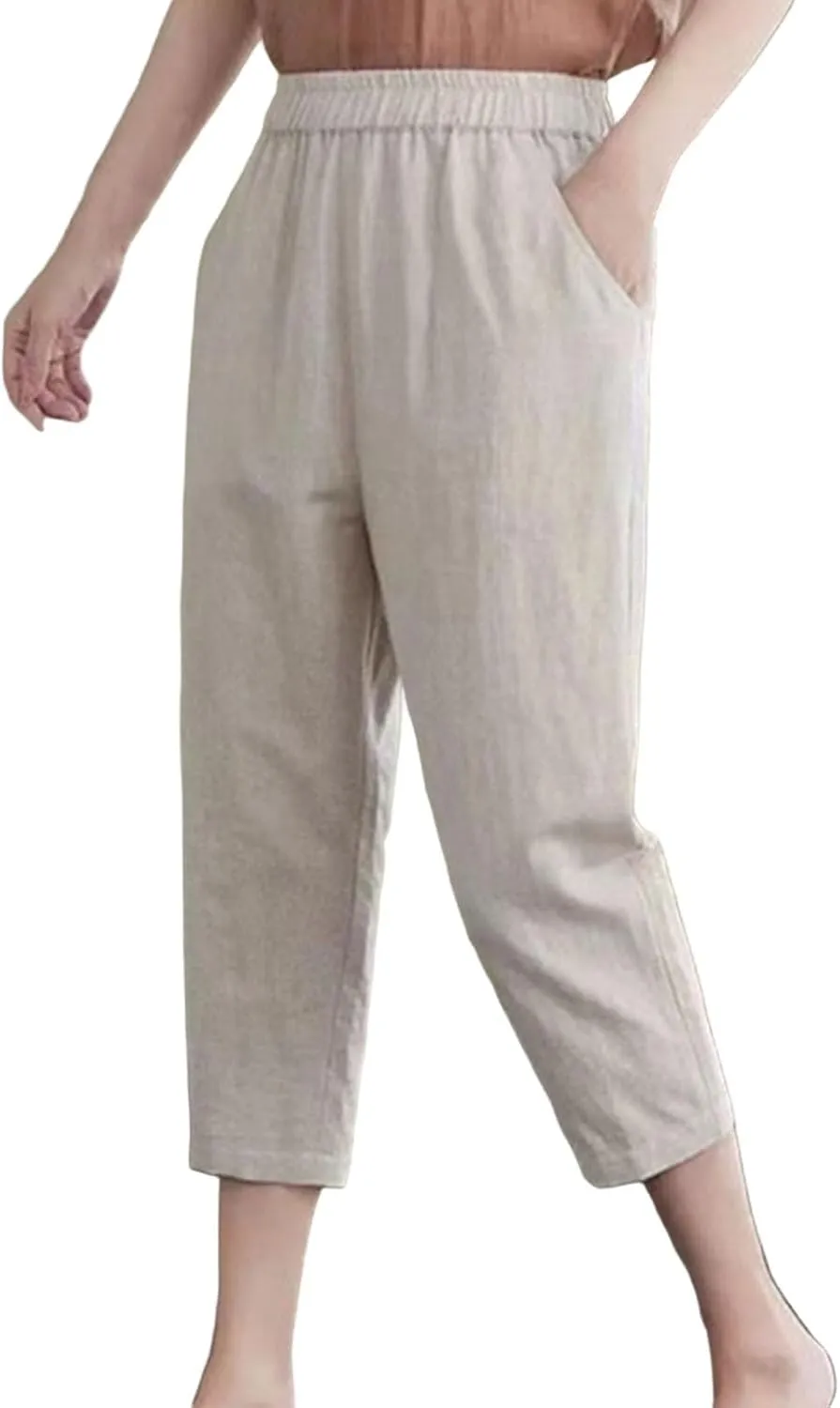 GOFULY Womens Capri Pants 2025 Summer Elastic Waist High Waisted Pants Casual Straight Wide Leg Pockets Solid Cropped Trouser