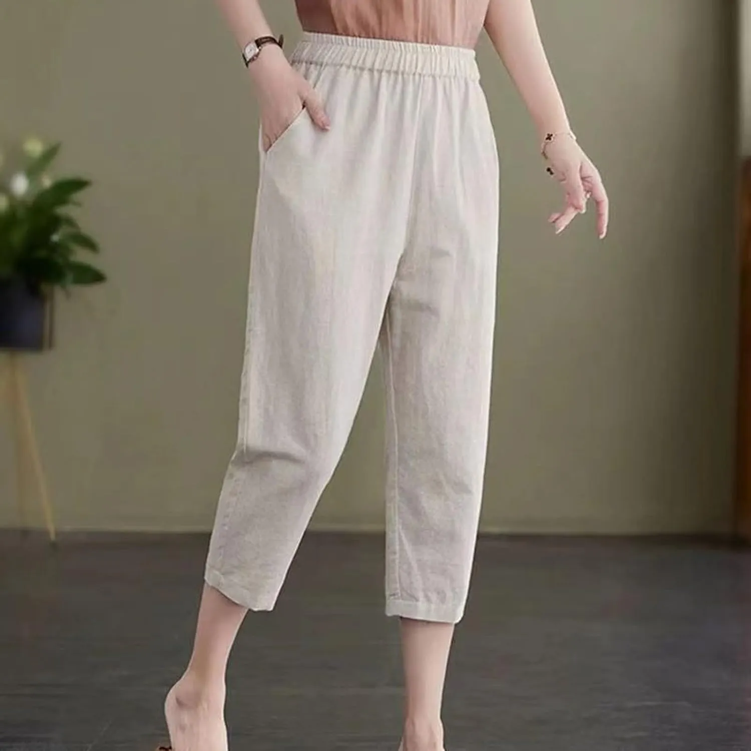 GOFULY Womens Capri Pants 2025 Summer Elastic Waist High Waisted Pants Casual Straight Wide Leg Pockets Solid Cropped Trouser
