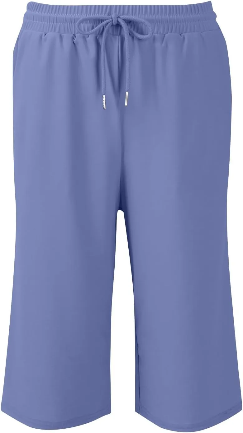 GOFULY Womens Capri Pants Summer Elastic Waist Drawstring Pants Straight Wide Leg High Waisted with Pockets Cropped Trouser