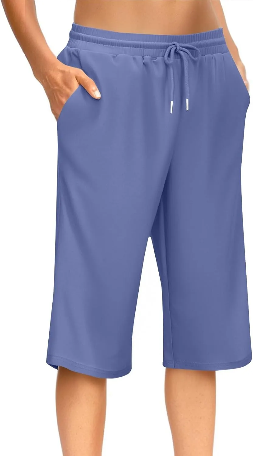 GOFULY Womens Capri Pants Summer Elastic Waist Drawstring Pants Straight Wide Leg High Waisted with Pockets Cropped Trouser