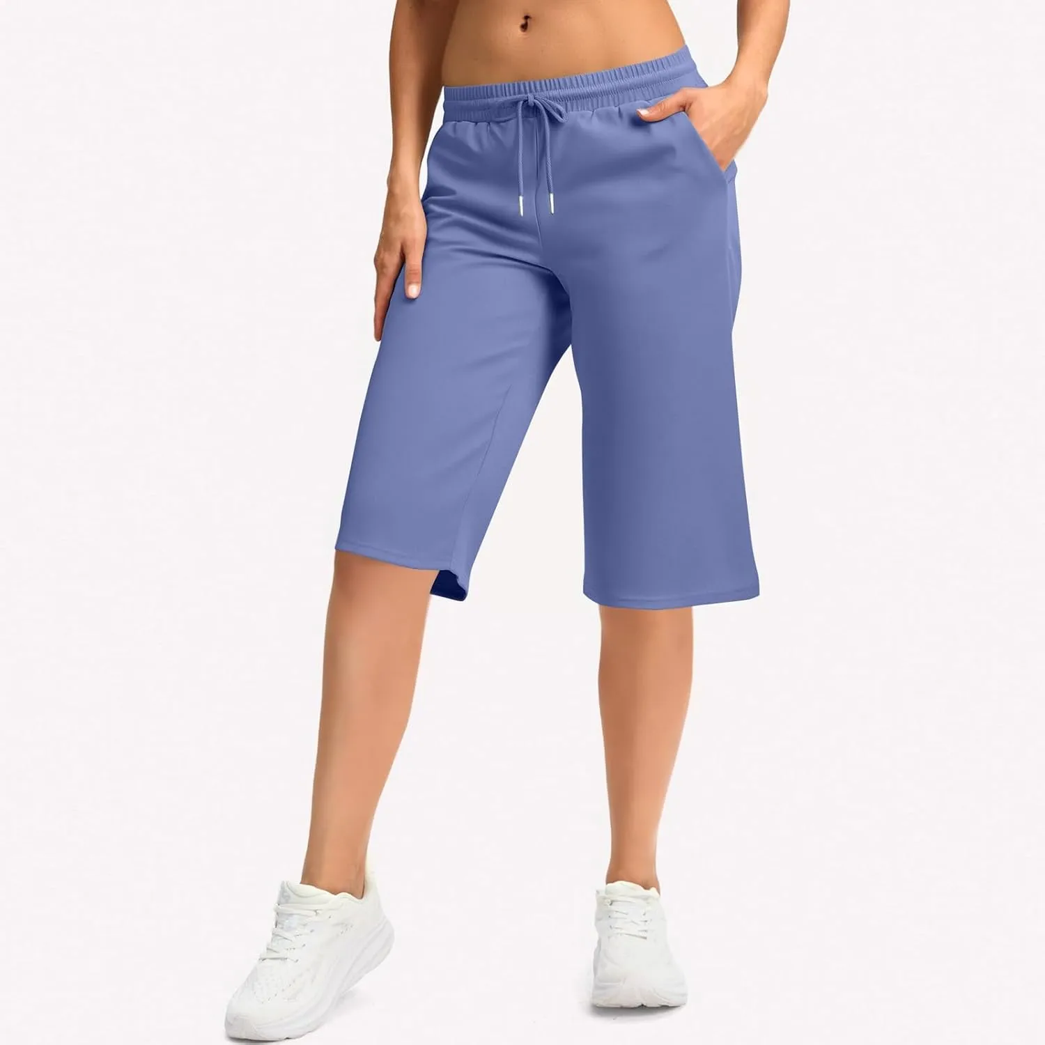 GOFULY Womens Capri Pants Summer Elastic Waist Drawstring Pants Straight Wide Leg High Waisted with Pockets Cropped Trouser