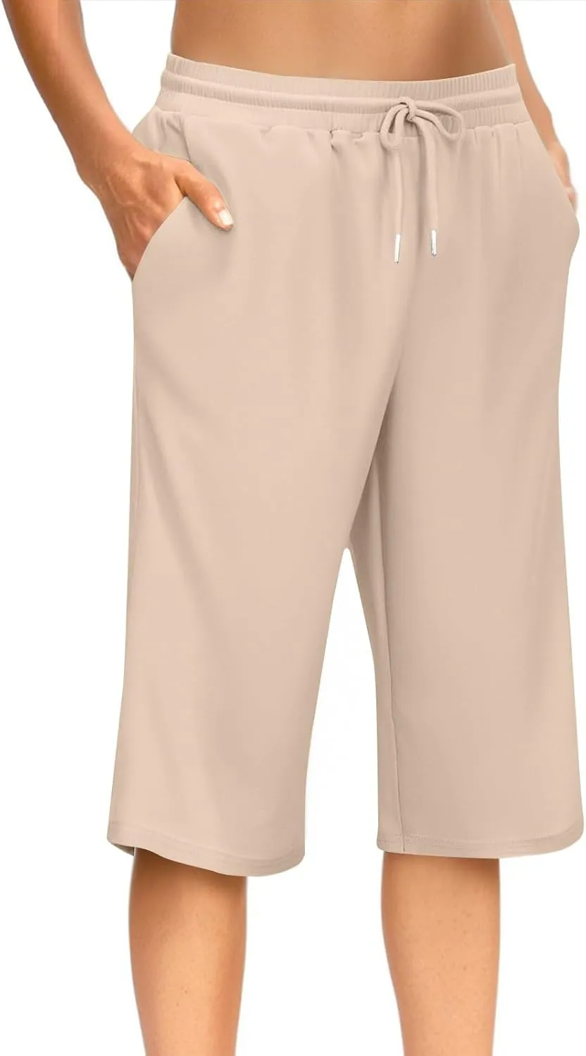 GOFULY Womens Capri Pants Trendy Summer Elastic Waist Drawstring Pants Straight Wide Leg High Waisted with Pockets Clothes