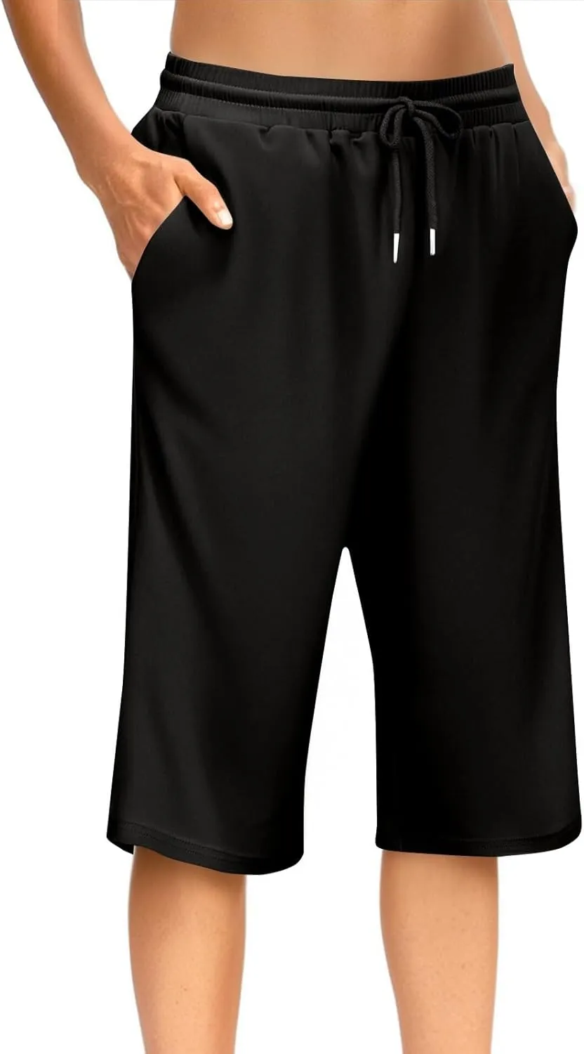 GOFULY Womens Capri Pants Trendy Summer Elastic Waist Drawstring Pants Straight Wide Leg High Waisted with Pockets Clothes