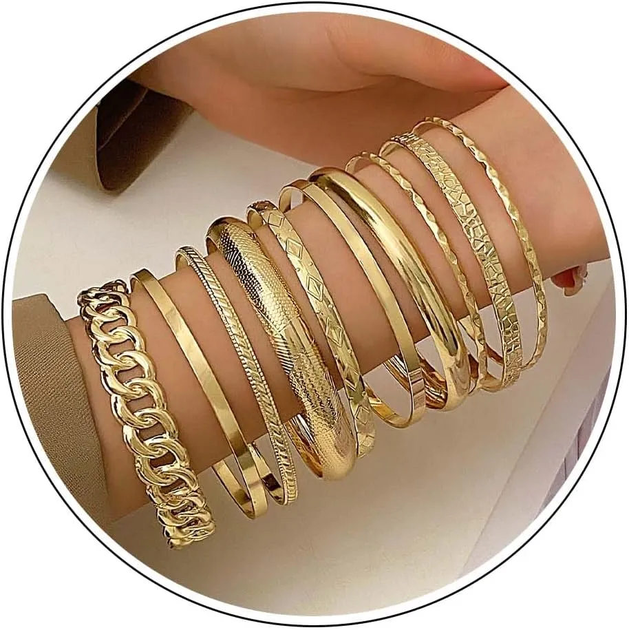 Gold Bangle Bracelet Set for Women Multi Stacking Wide Bangles Indian Bollywood Chunky Bangle Bracelets Ethnic Glossy Textured Twist Bracelets Collection Wedding Outfit Jewelry (10Pcs)