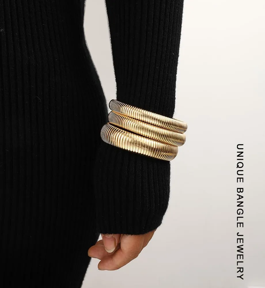 Gold Bangle Bracelets for Women, Chunky Stretch Bangles Set, Trendy Stackable Bangle Bracelet Stack Fashion Accessories Boho Jewelry Gifts