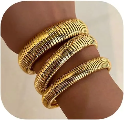 Gold Bangle Bracelets for Women, Chunky Stretch Bangles Set, Trendy Stackable Bangle Bracelet Stack Fashion Accessories Boho Jewelry Gifts