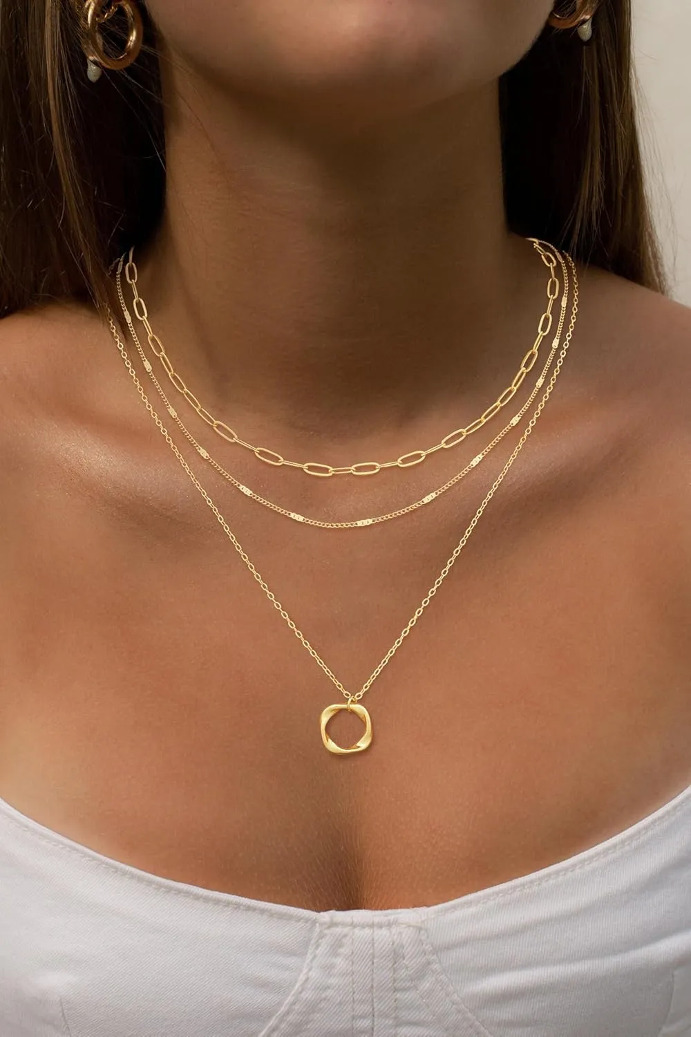 Gold Layered Necklaces for Women,14K Gold/Sterling Silver Plated Stackable Circle Pendant Chain Choker Necklace Trendy Dainty Jewelry for Women