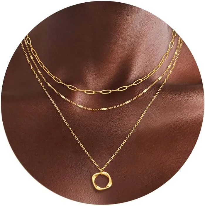 Gold Layered Necklaces for Women,14K Gold/Sterling Silver Plated Stackable Circle Pendant Chain Choker Necklace Trendy Dainty Jewelry for Women
