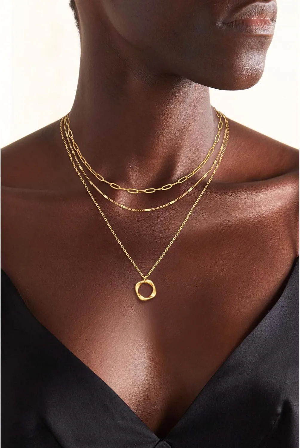 Gold Layered Necklaces for Women,14K Gold/Sterling Silver Plated Stackable Circle Pendant Chain Choker Necklace Trendy Dainty Jewelry for Women