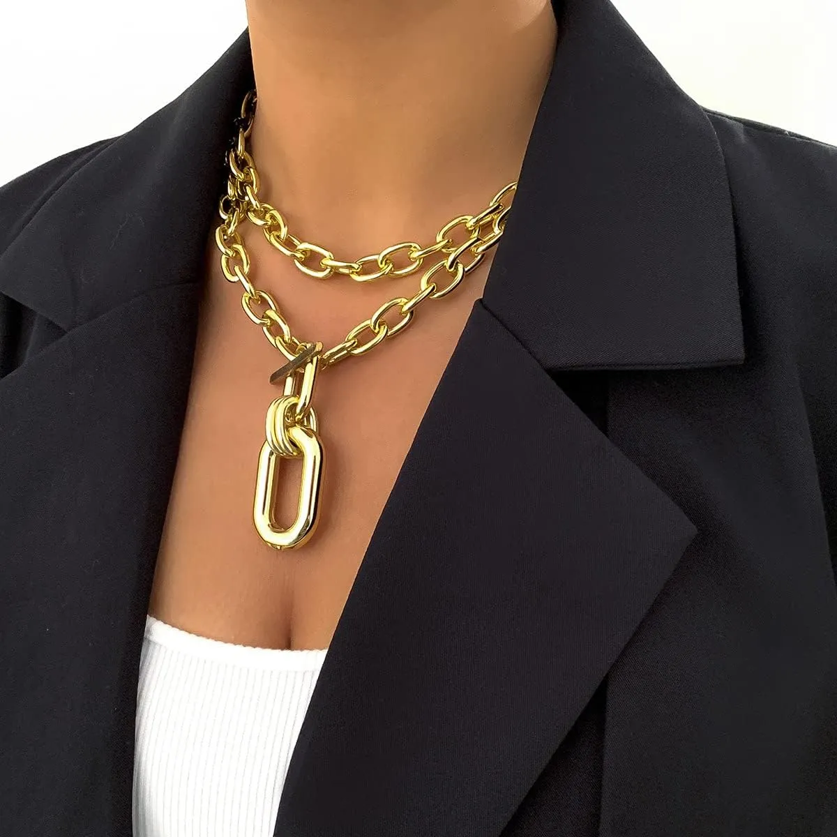 Gold Layered Necklaces for Women,Queen's Circular Geometry Necklace Set,Irregular Metallic Multi-layer Clavicle Chain,Cuban Link Paperclip Chain Toggle Clasp Choker Necklace Jewelry Gifts for Women