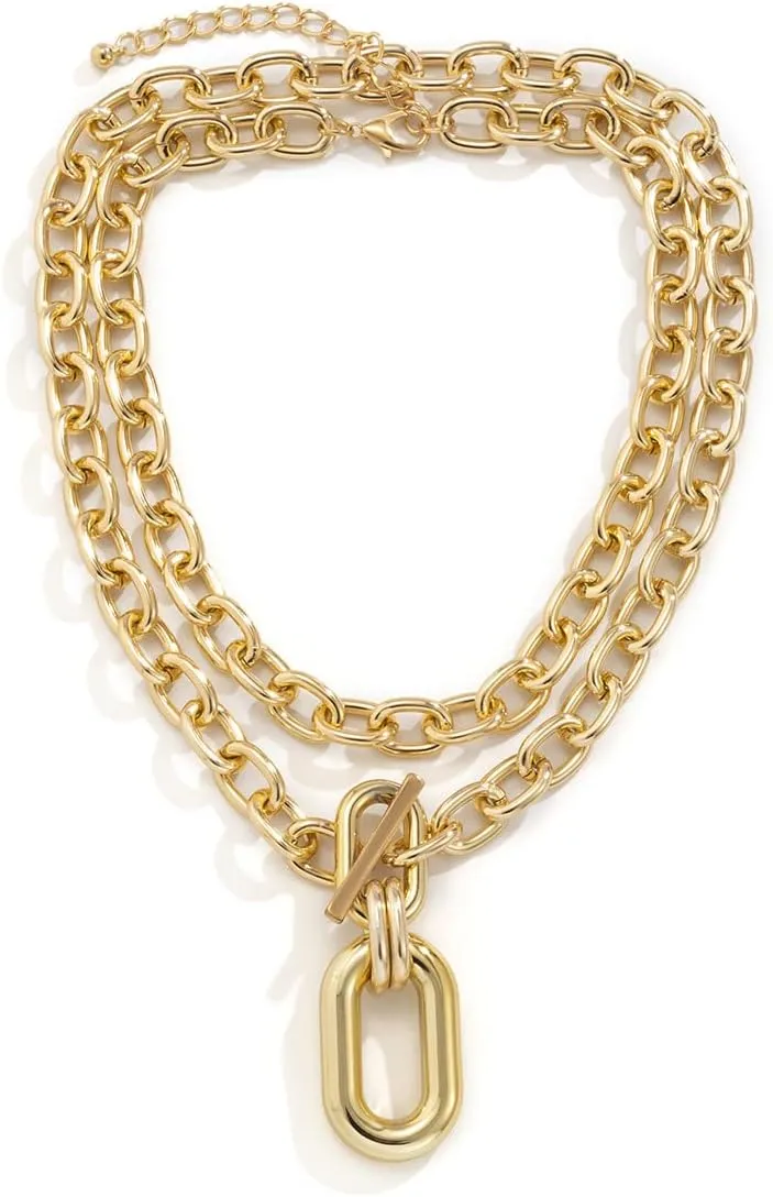Gold Layered Necklaces for Women,Queen's Circular Geometry Necklace Set,Irregular Metallic Multi-layer Clavicle Chain,Cuban Link Paperclip Chain Toggle Clasp Choker Necklace Jewelry Gifts for Women