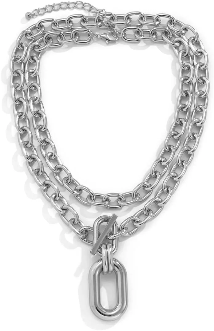 Gold Layered Necklaces for Women,Queen's Circular Geometry Necklace Set,Irregular Metallic Multi-layer Clavicle Chain,Cuban Link Paperclip Chain Toggle Clasp Choker Necklace Jewelry Gifts for Women