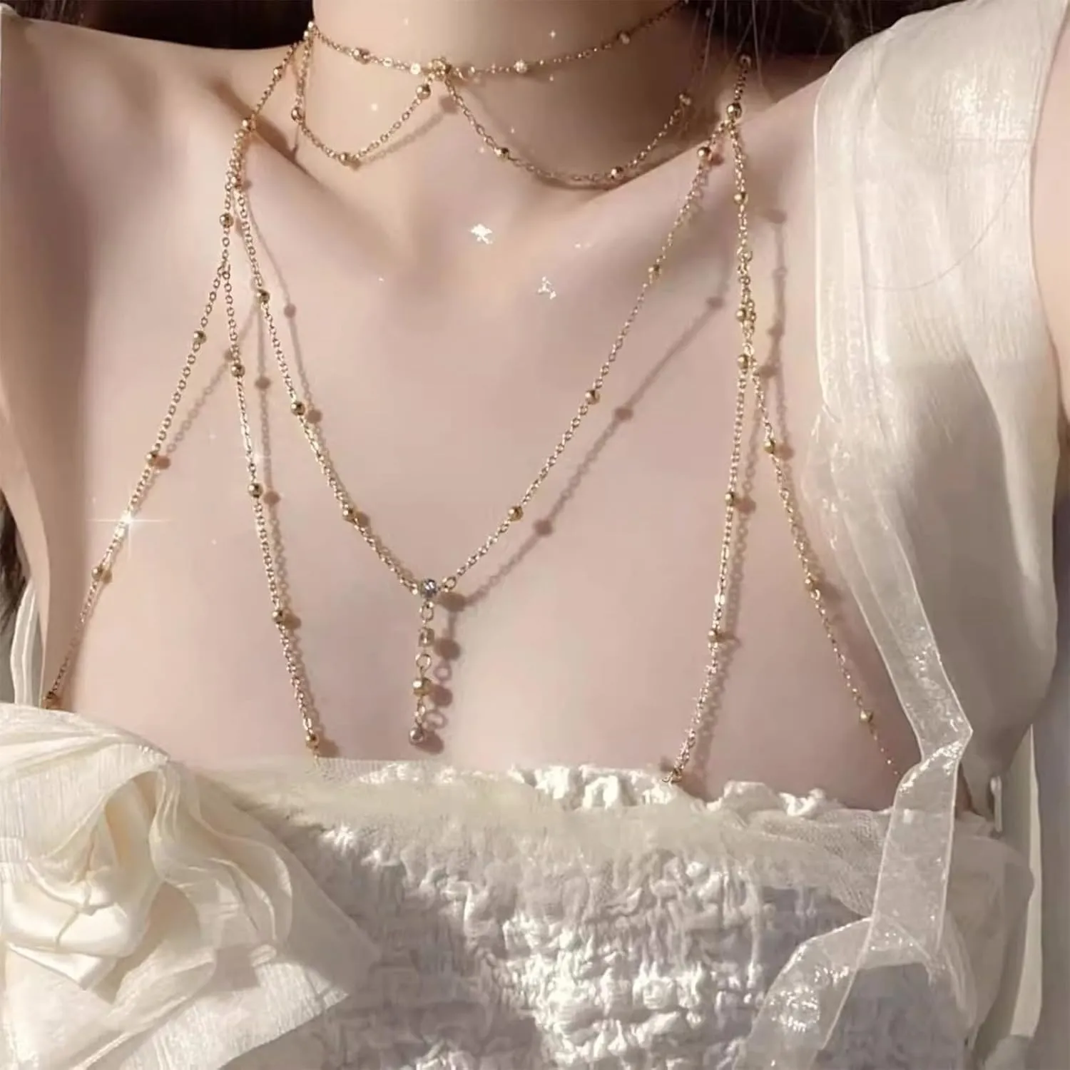 Gold Silver Y-Shaped Pendant Necklace for Women, Dainty Layered CZ Beaded Chain, Lip Chain Drop Necklace, Trendy and Elegant Gift Jewelry