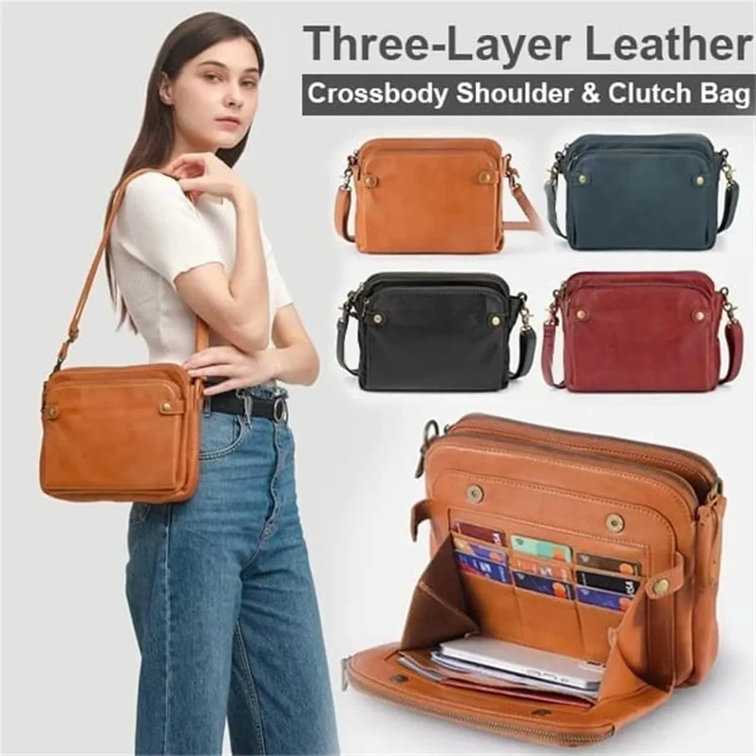 Gpmsign Fashion Anti Theft Leather Bag, 2023 New PU Leather Shoulder Bags and Clutches, 3 Layer Crossbody Leather Shoulder Bags, for Women-Black