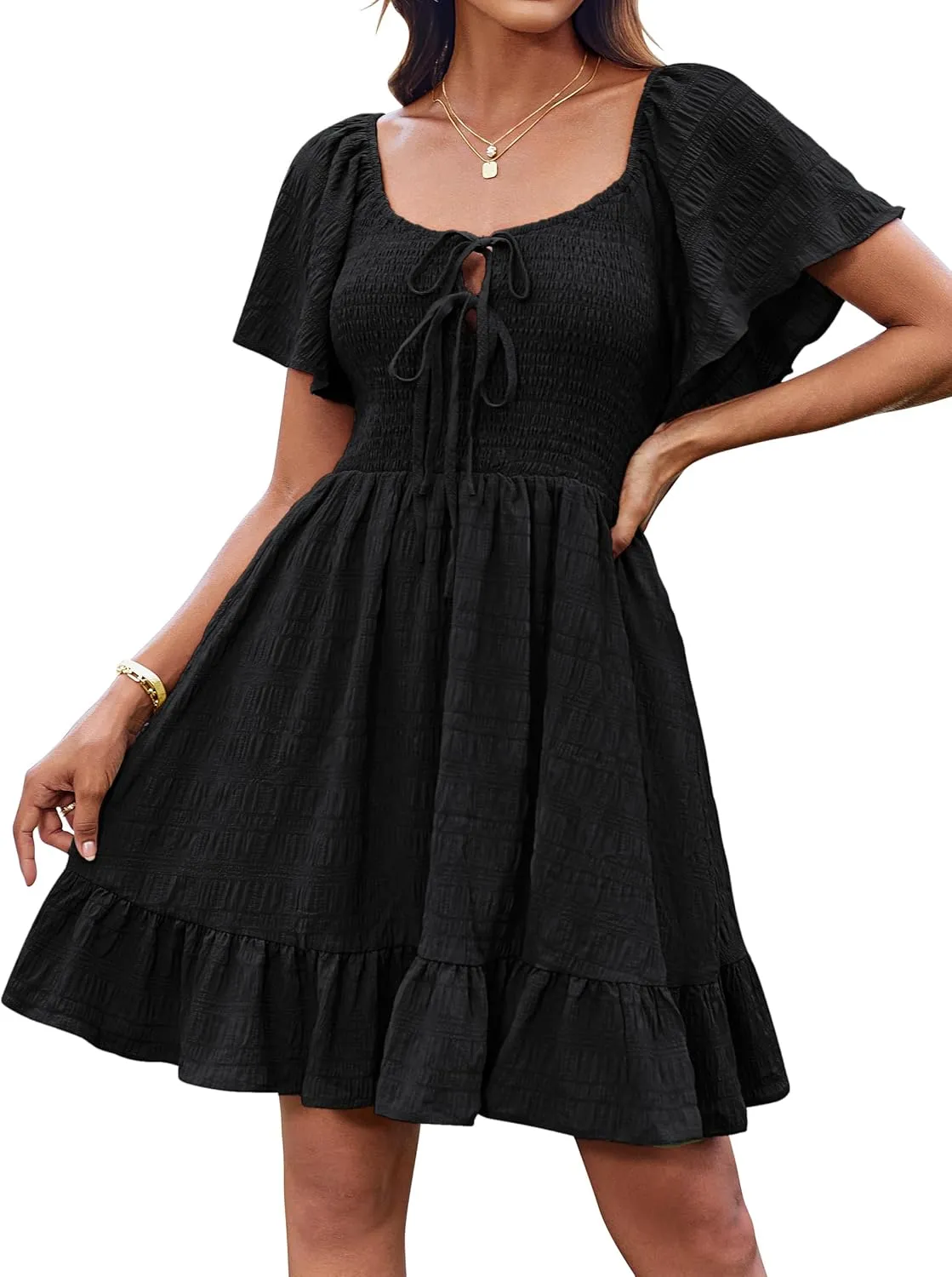 GRACE KARIN Womens Summer Short Sleeve Mini Dress Off Shoulder Tie Front Smocked Babydoll Dress Flowy A Line Casual Sundress