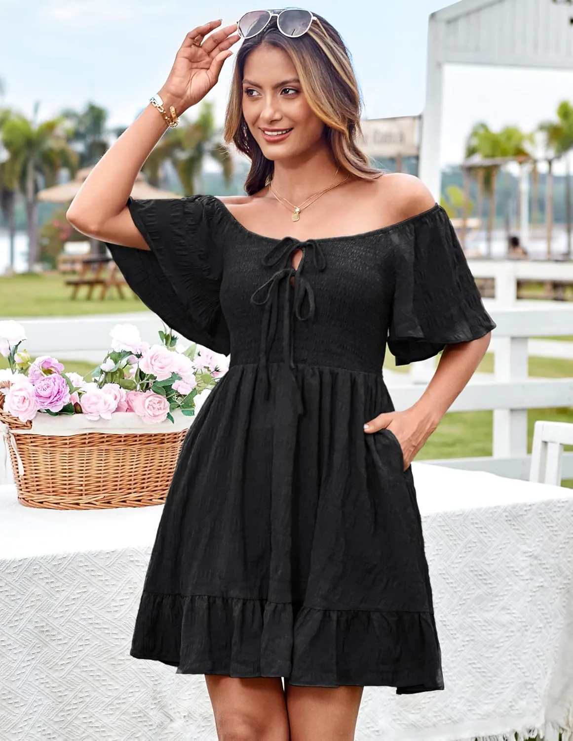 GRACE KARIN Womens Summer Short Sleeve Mini Dress Off Shoulder Tie Front Smocked Babydoll Dress Flowy A Line Casual Sundress