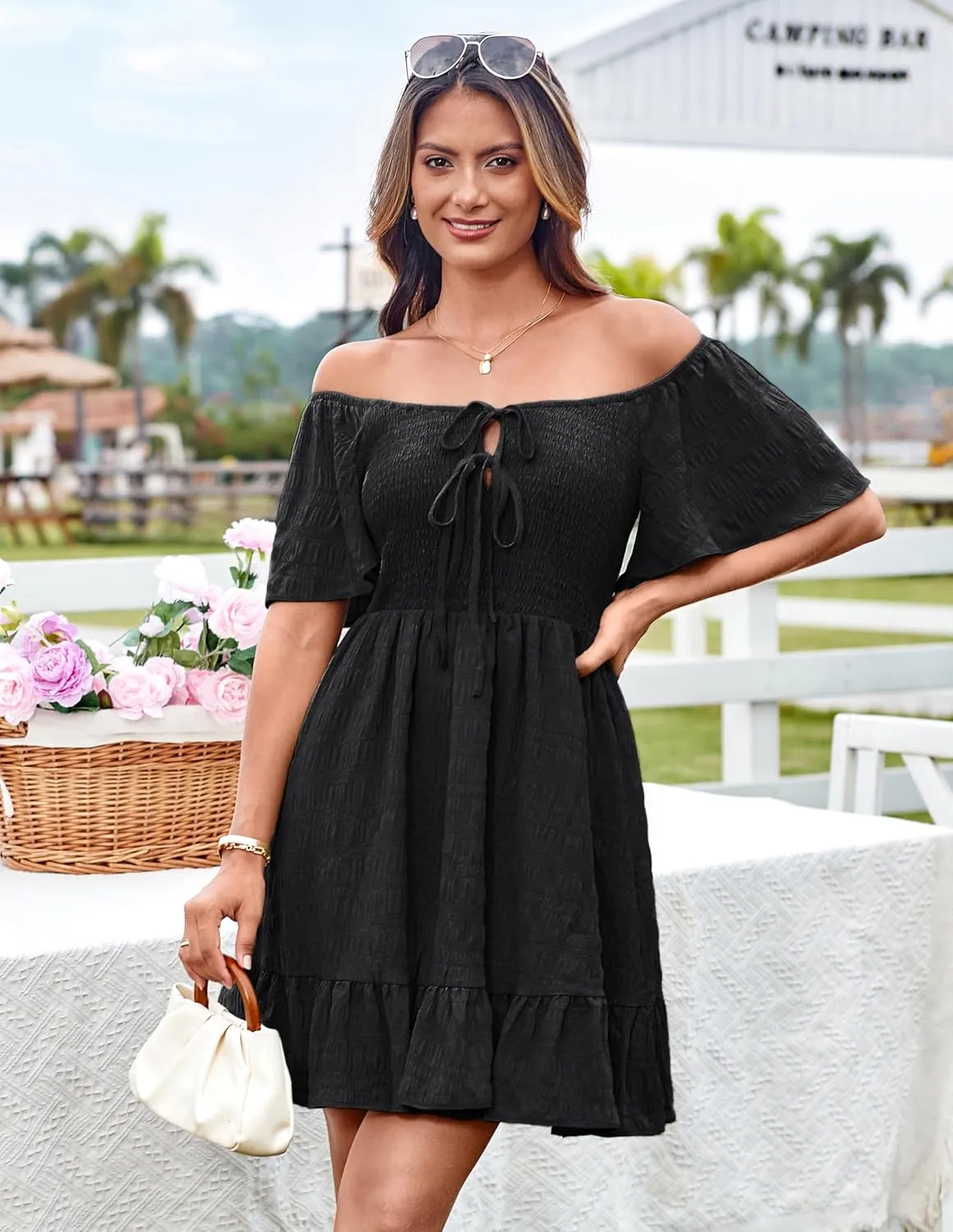 GRACE KARIN Womens Summer Short Sleeve Mini Dress Off Shoulder Tie Front Smocked Babydoll Dress Flowy A Line Casual Sundress