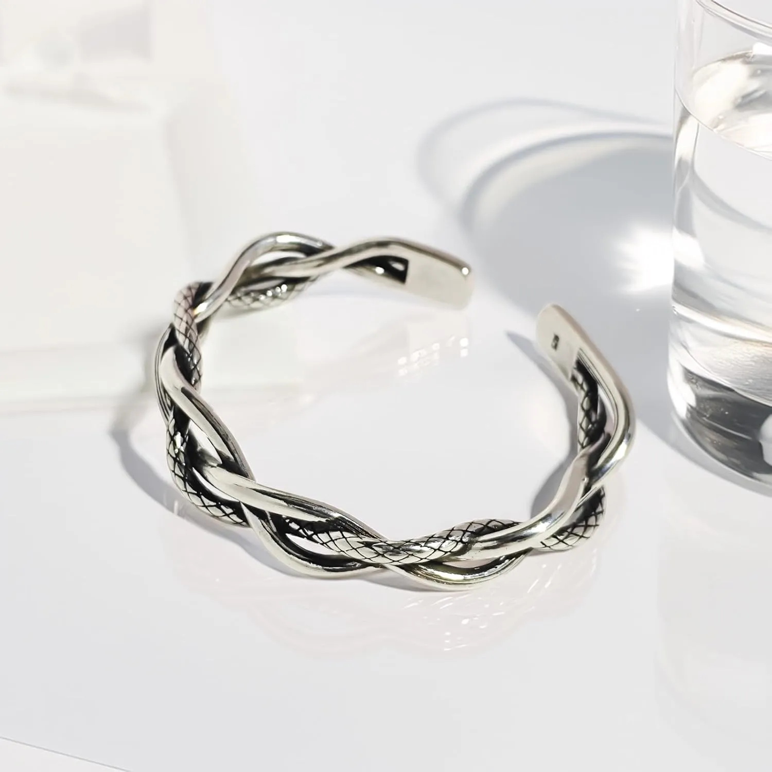 Handmade 925 Sterling Silver Bangle Bracelets For Men Women Twist Braid Cuff Bangles Wide Band Chunky Bangles Punk Statement Bangles Men Open Cuff Bangles Retro Crossover Bangle Bracelets Gift for Dad