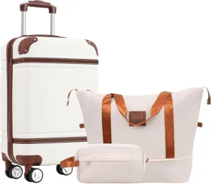 Hardshell Luggage Set with Travel Bags, Carry-On Suitcase 20 IN, Double Spinner Wheels, White