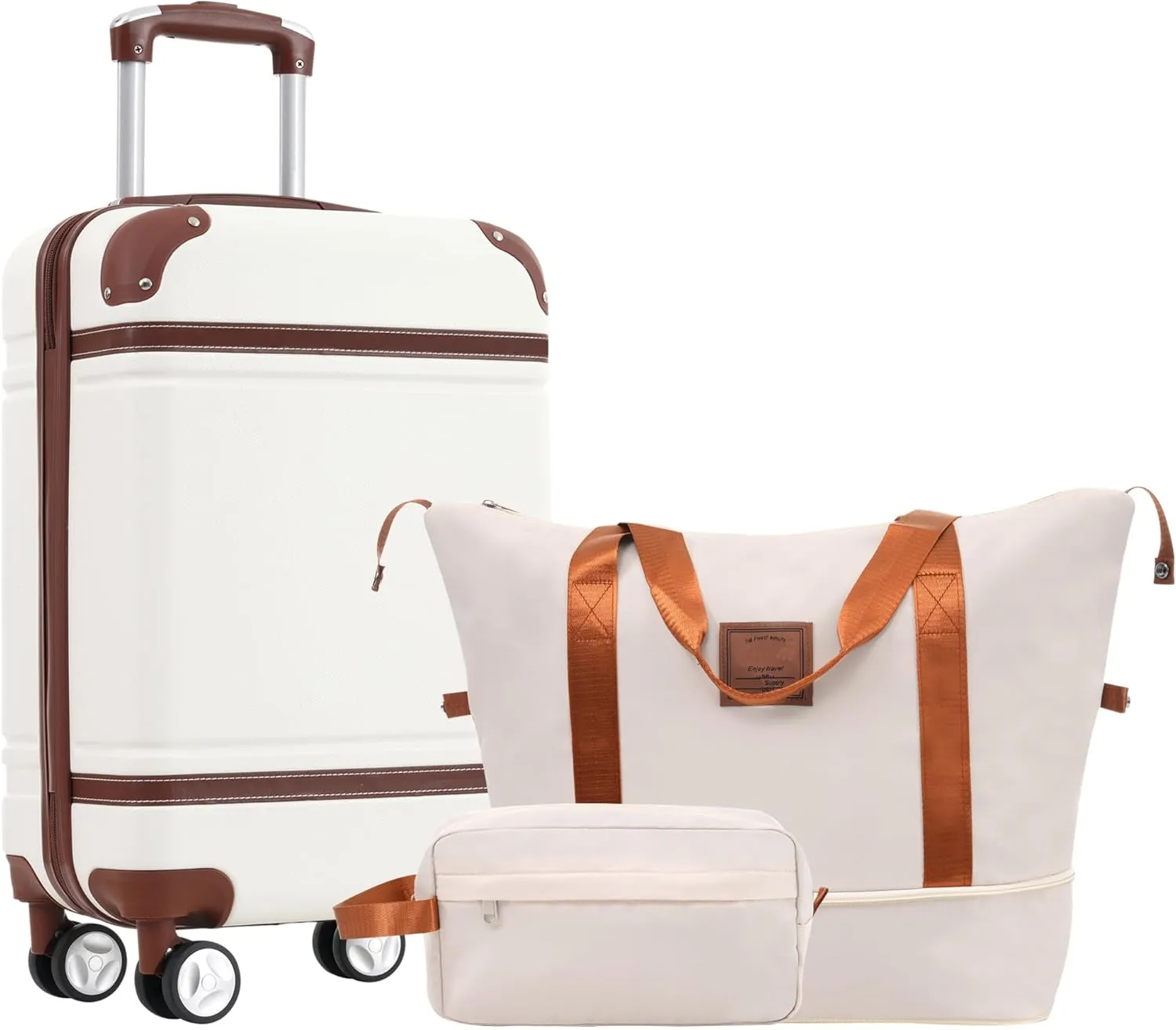 Hardshell Luggage Set with Travel Bags, Carry-On Suitcase 20 IN, Double Spinner Wheels, White