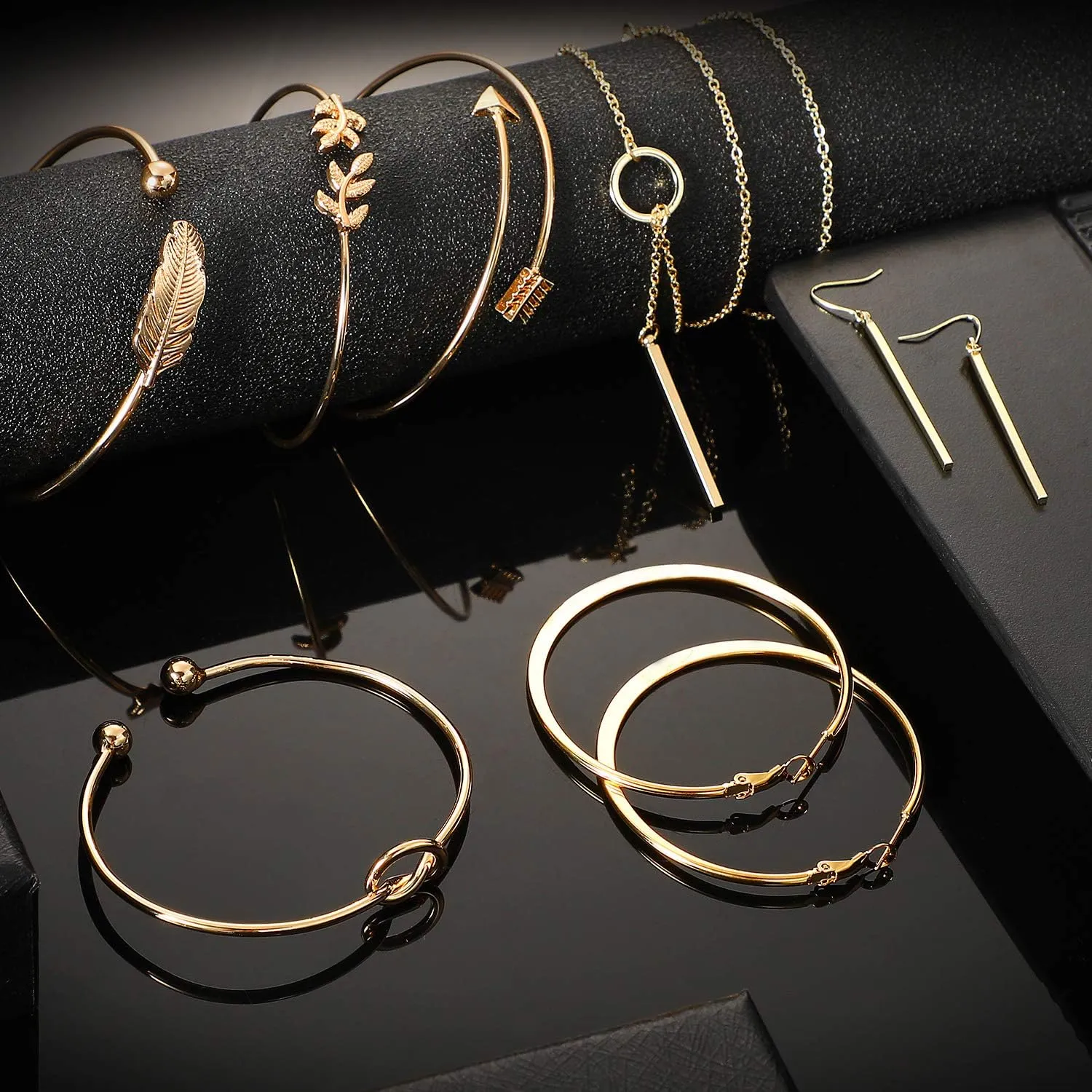 Hicarer Simple Bar Jewelry Set Vertical Bar Necklace Earrings Adjustable Cuff Bracelet for Women