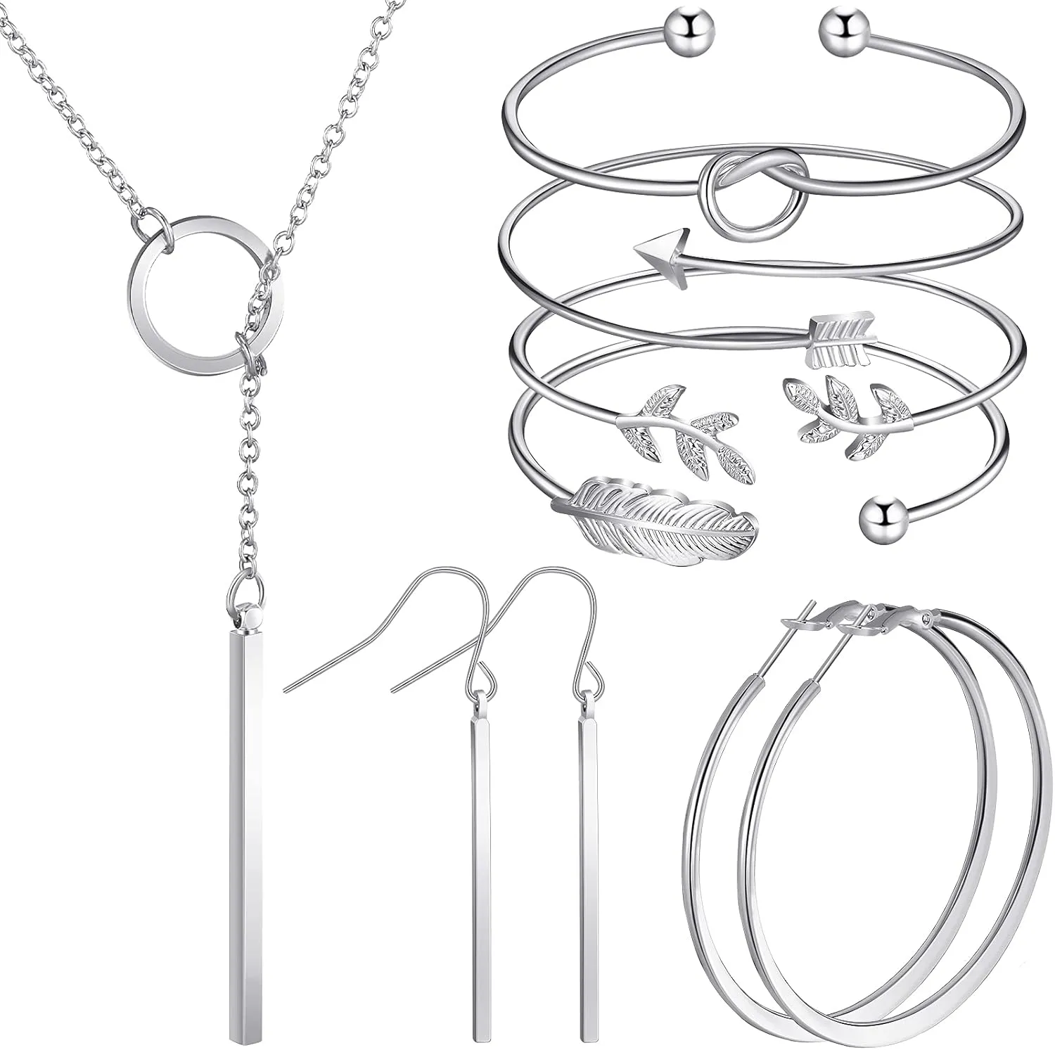 Hicarer Simple Bar Jewelry Set Vertical Bar Necklace Earrings Adjustable Cuff Bracelet for Women