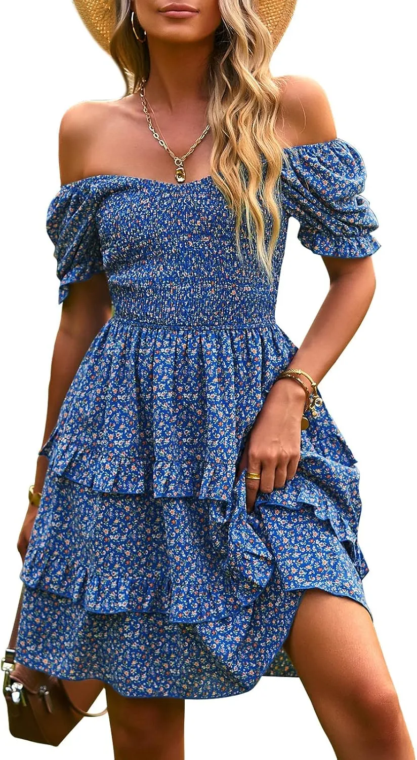Hotmiss Womens Ruffle Smocked Mini Dress Sleeveless Floral Print Summer Tiered Slim Fit Short Dresses