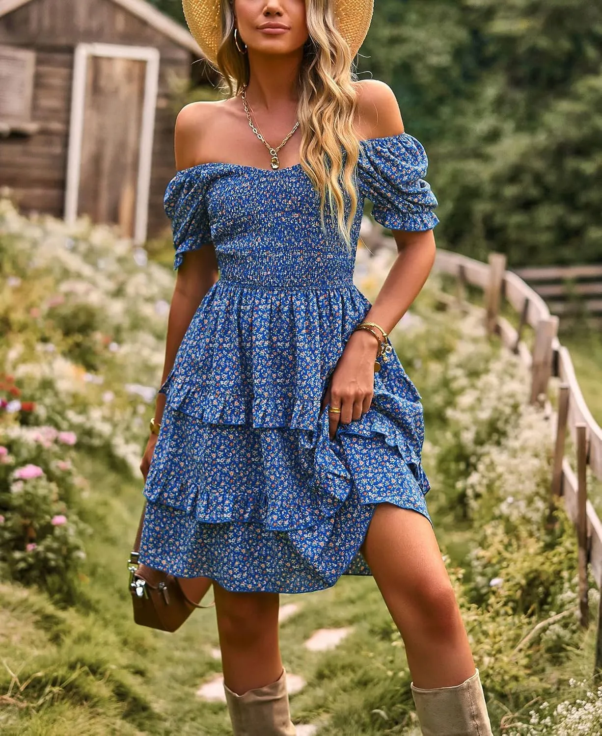 Hotmiss Womens Ruffle Smocked Mini Dress Sleeveless Floral Print Summer Tiered Slim Fit Short Dresses