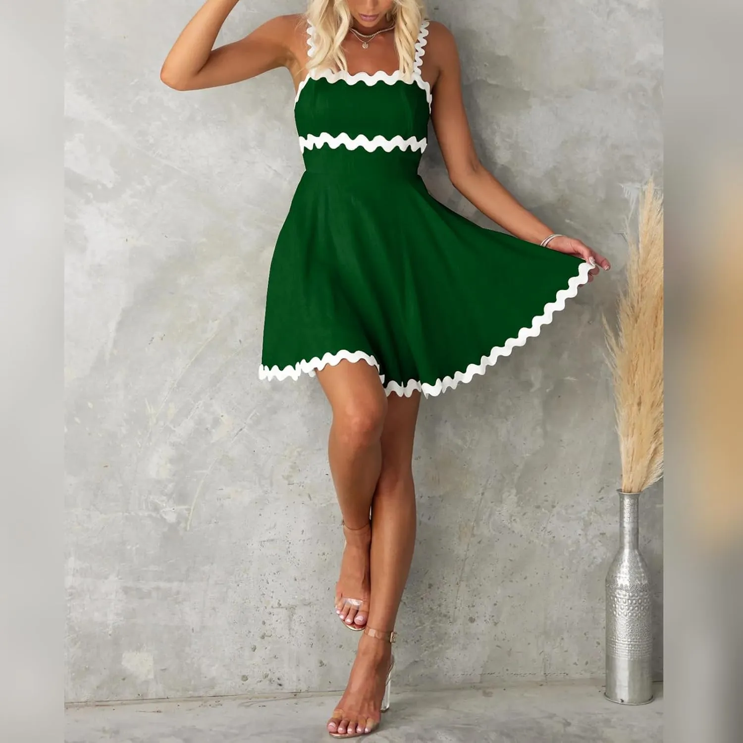 IDOPIP Women Summer Boho Mini Dress Smocked Empire Waist Rickrack Trim Flowy Sundress Spaghetti Straps A-Line Swing Dress