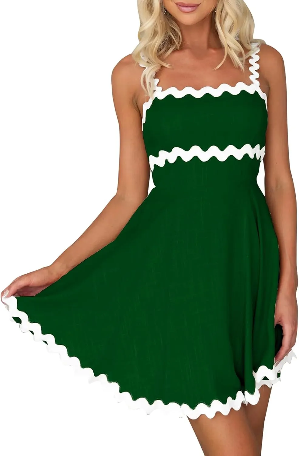 IDOPIP Women Summer Boho Mini Dress Smocked Empire Waist Rickrack Trim Flowy Sundress Spaghetti Straps A-Line Swing Dress