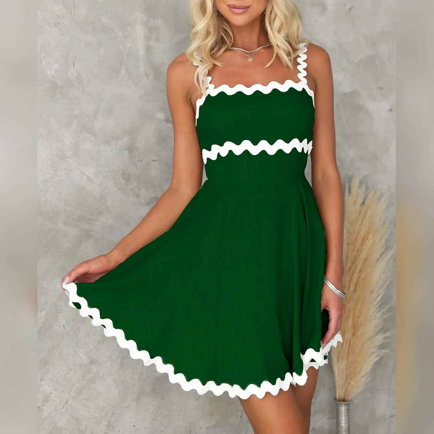 IDOPIP Women Summer Boho Mini Dress Smocked Empire Waist Rickrack Trim Flowy Sundress Spaghetti Straps A-Line Swing Dress
