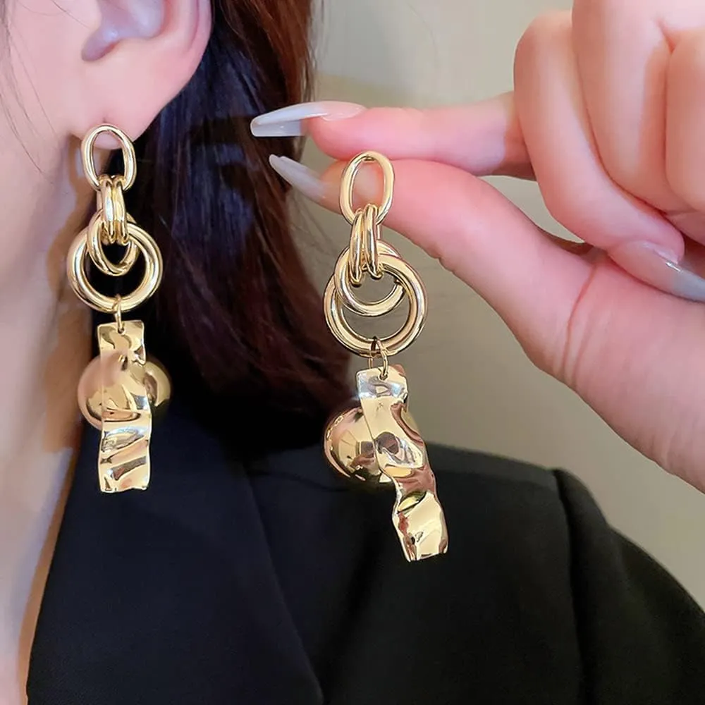 Jumwrit Link Chain Drop Earrings Punk Big Round Ball Earrings Long Bar Drop Dangle Earrings Dainty Hoop Stud Earrings Geometric Circle Chain Earrings for Women (Gold)