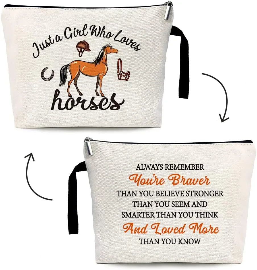 Just a Girl Who Loves Horses Funny Cosmetic Bag, for Travel Toiletry Zipper Storage Pouch Makeup Bag, Horses Lover Gifts, Equestrian Gifts for Girls, Equestrian Survival Kit, Horseshoe Gifts