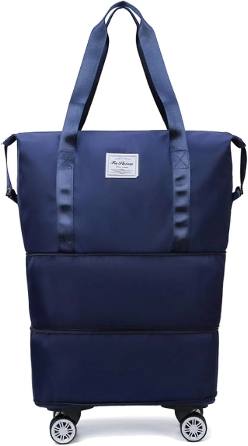Klarson Expandable Bag with Wheels, Foldable Suitcase without Handle, Scratch Expandable Travel Duffle Bag with Wheels (Dark blue)