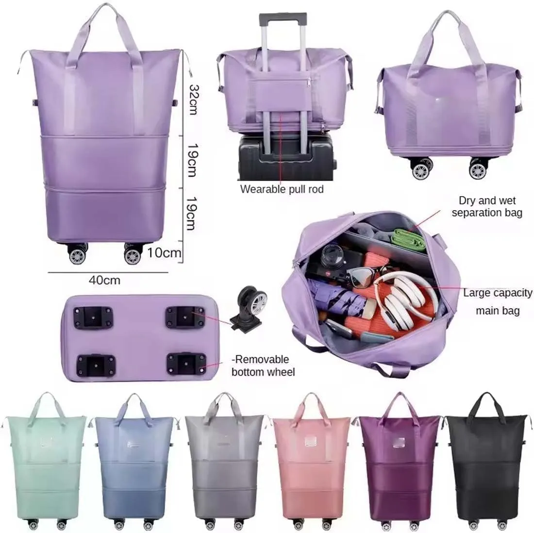Klarson Expandable Bag with Wheels, Foldable Suitcase without Handle, Scratch Expandable Travel Duffle Bag with Wheels (Dark Purple)