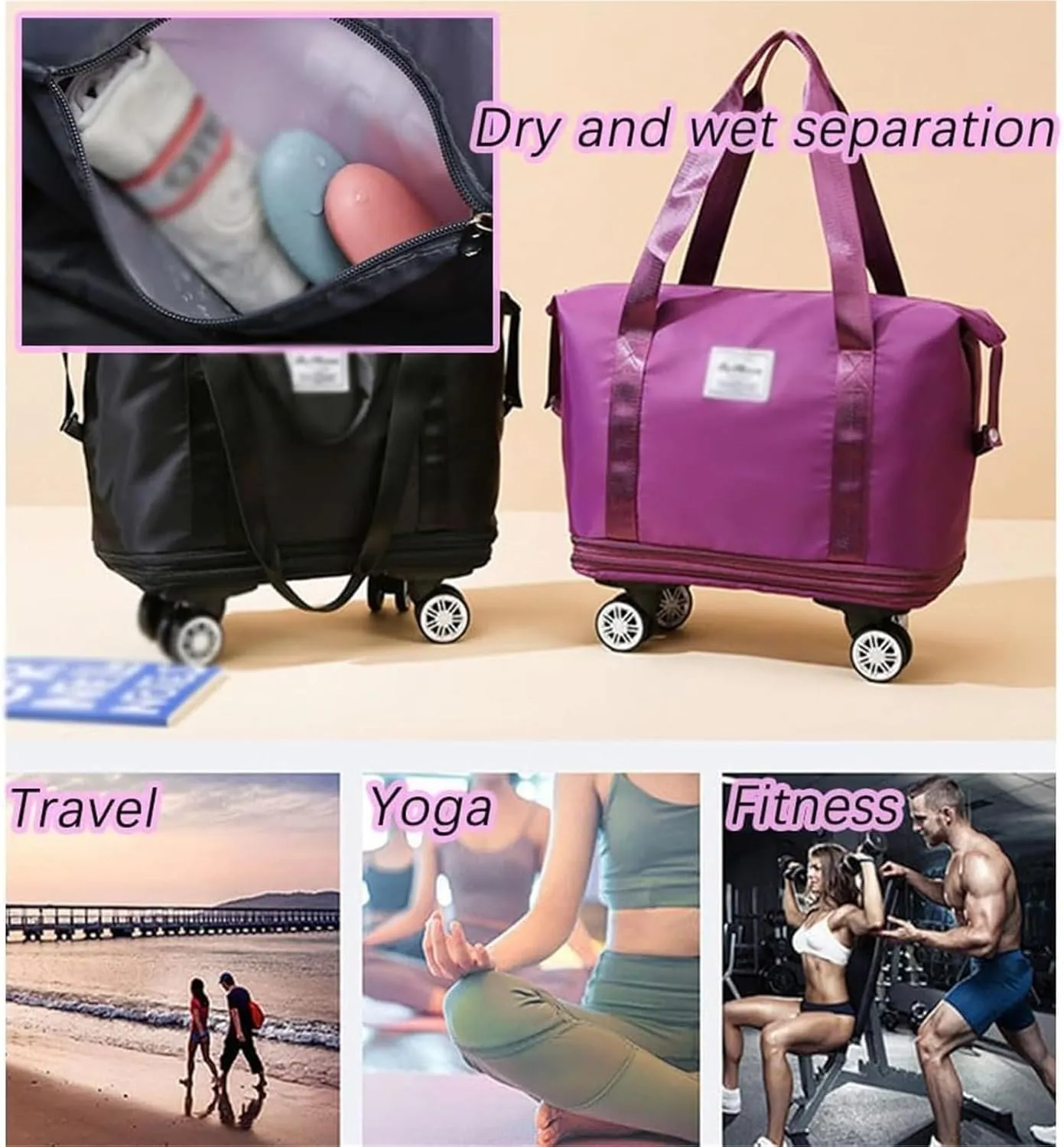 Klarson Expandable Bag with Wheels,Scratch Expandable Travel Duffle Bag with Wheels,Foldable Suitcase Without Handle(Violet)