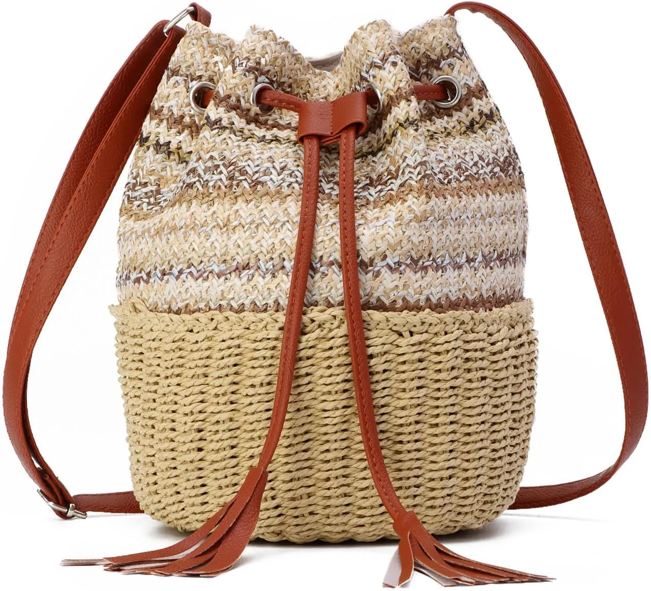 KUANG! Straw Bucket Bag for Women Colorful Summer Woven Beach Bag Handbag for Vacation Shoulder Handbag Beach Tote Bag