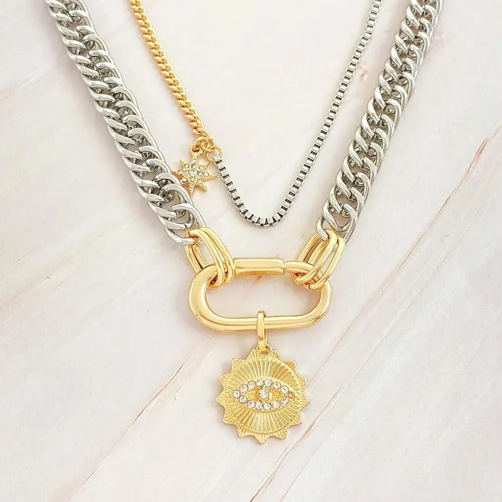 Layered Chain Necklace, Silver and Gold Two-Tone, Crystal Eye Pendant, Fashion Jewelry