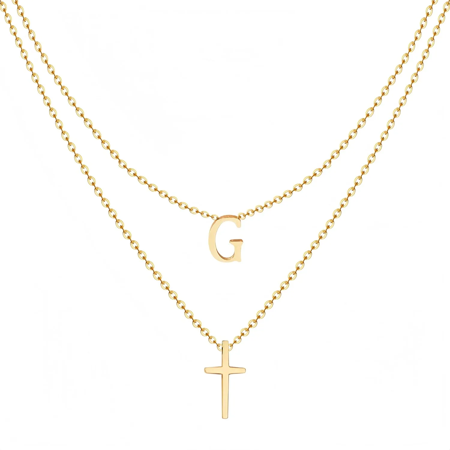 Layered Initial Necklace for Women, Fashion Cross Pendant Necklaces for Women, 18K Gold Plated Cute Letter Necklace A-Z, Hypoallergenic, Religious Christian Jewelry Birthday Gifts for Women