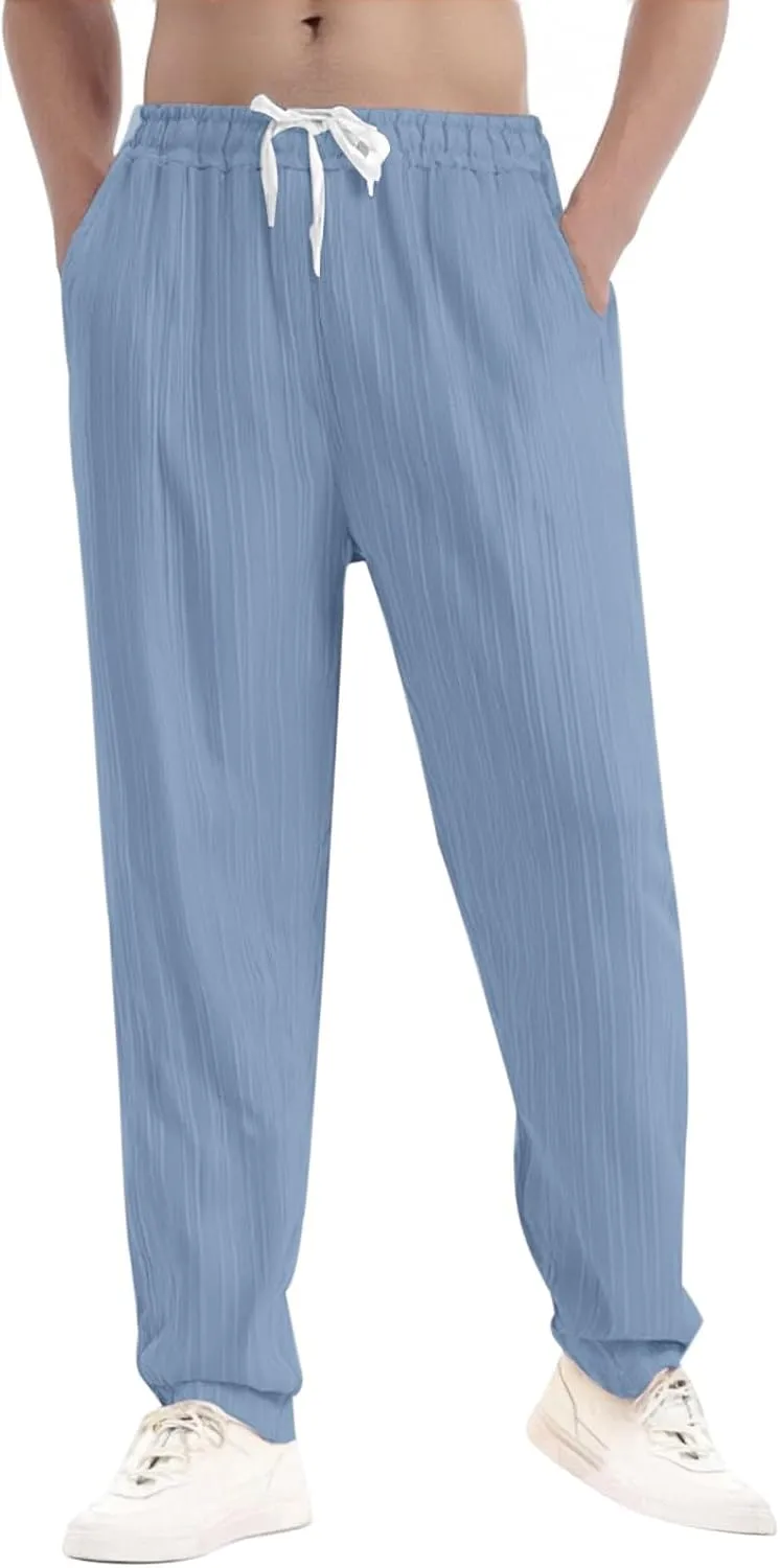Linen Pants Men Casual Elastic Drawstring Waist Straight Legs Trouser Plus Size Baggy Summer Beach Yoga Lounge Slacks
