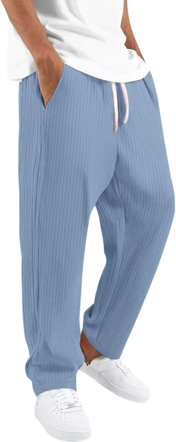Linen Pants Men Casual Elastic Drawstring Waist Straight Legs Trouser Plus Size Baggy Summer Beach Yoga Lounge Slacks